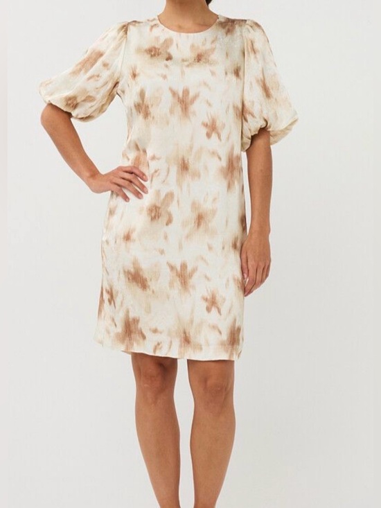 ESQUALO Dresses & Skirts - ESQUALO Cream and Brown Tie-Dye Puff Sleeve Mini Dress